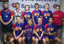 Basketballers in action